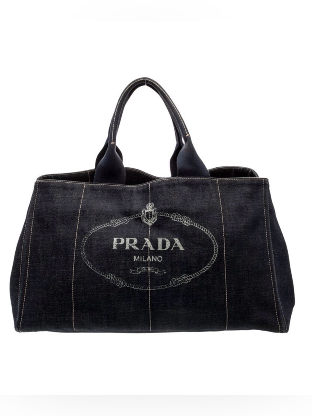 Prada Dark Blue Denim Canapa large Tote with logo